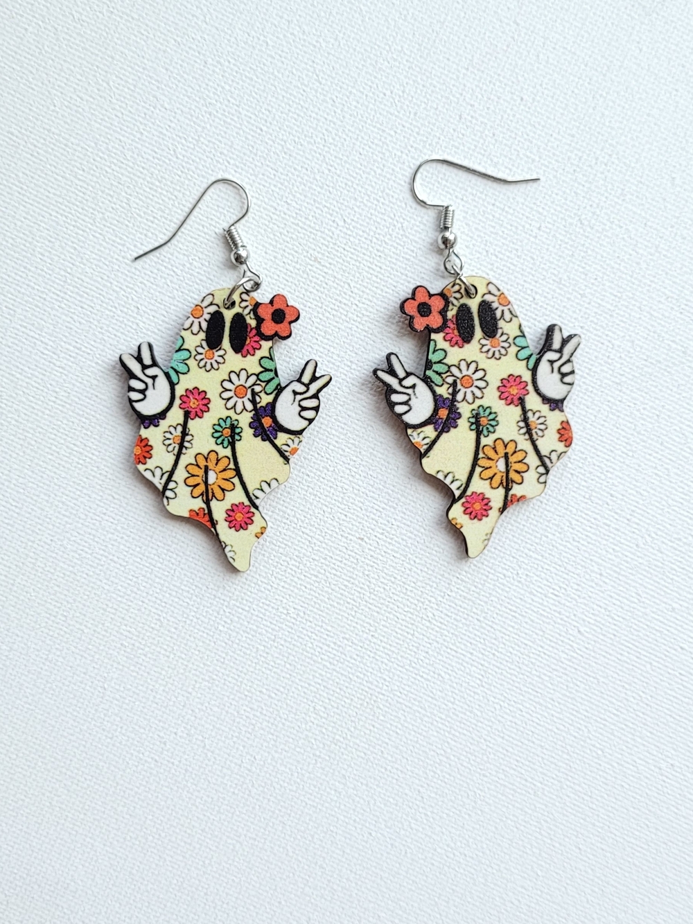 Wood Artistic Floral Peace Sign Ghost Earrings - Yellow Halloween NWOT